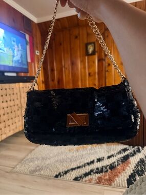 Black Sequin Chain Shoulder Bag - Unbranded
